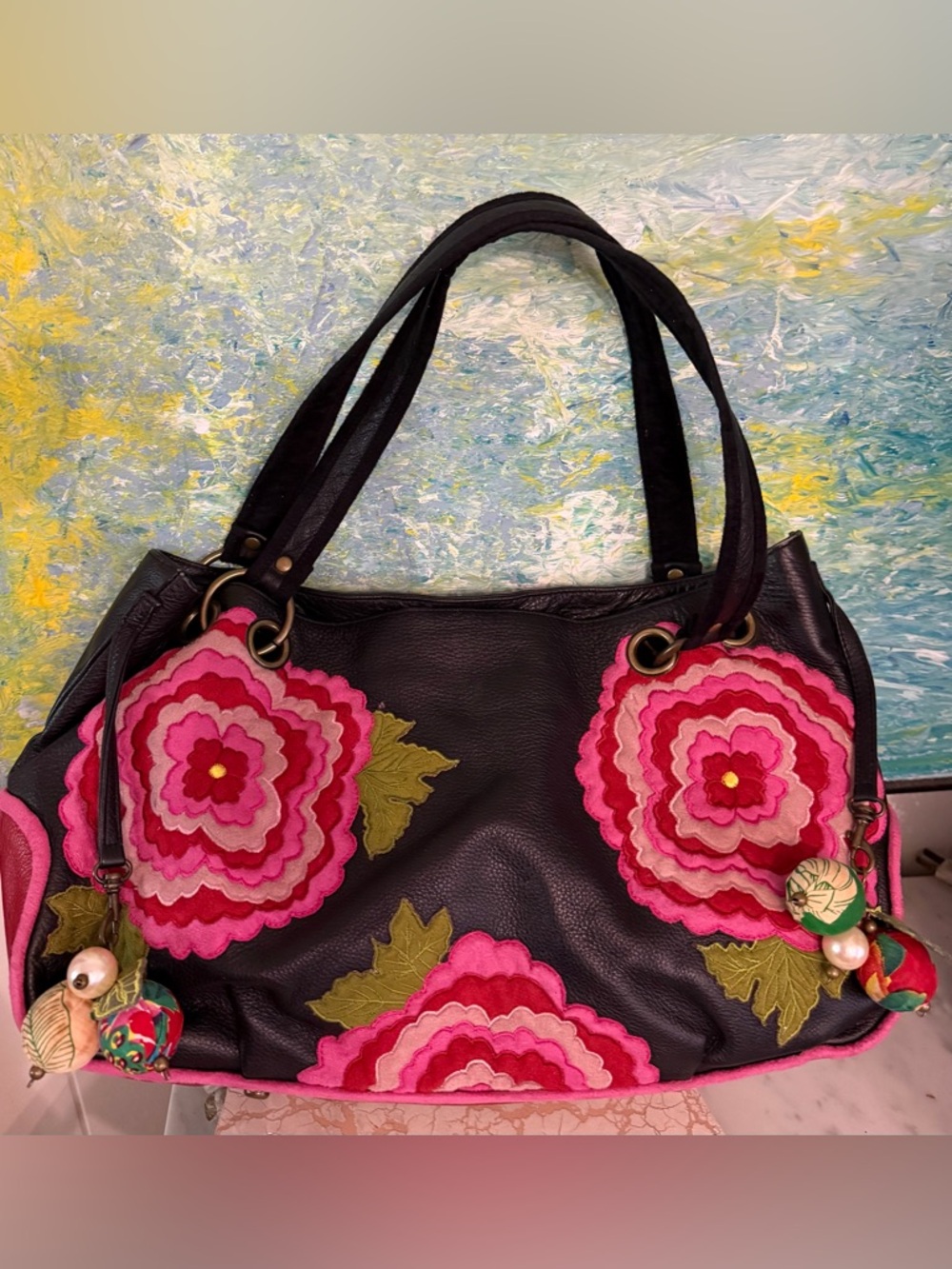 Laura Rosnovsky Designer Black Leather Shoulder Bag with Pink Floral Appliqués